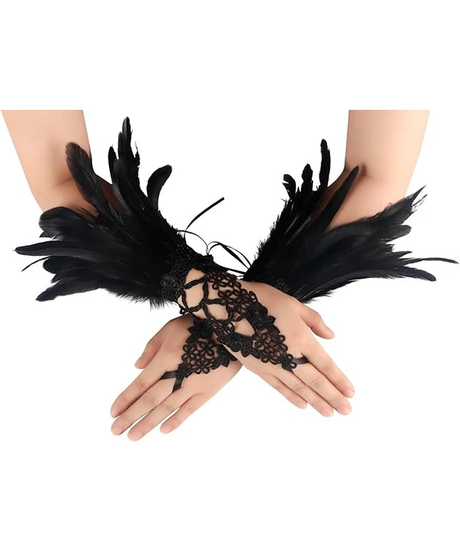 HOMELEX Women Black Lace Feather Gloves Witch Angel Costume Accessories Swan Wings Wrist Bands