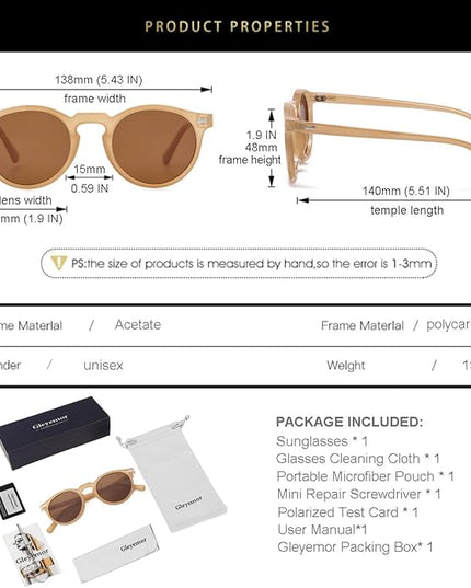 Gleyemor Vintage Polarized Sunglasses for Men Round Sunglasses UV400 Protection Retro Hand-crafted Acetate Frame