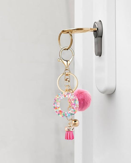 Resin Alphabet Initial Letter Keychain Keyring for Women Purse Handbags With Fur Ball Pom