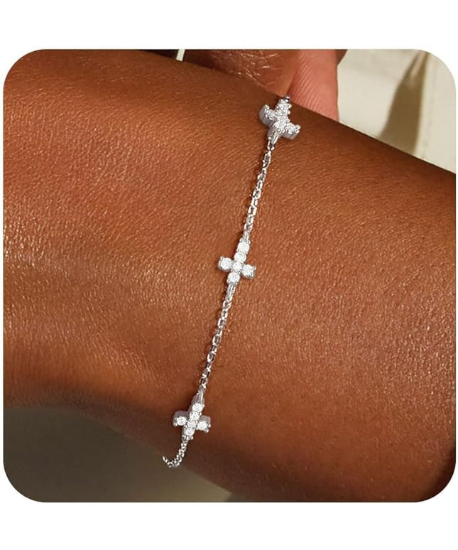 FUNEIA Dainty Silver Gold Bracelets for Women Trendy Non Tarnish 14K Gold Plated Waterproof Diamond Bracelets Cute Stackable Heart Butterfly Clover Cross Evil Eye Charm Bracelet Stack Jewelry Gifts