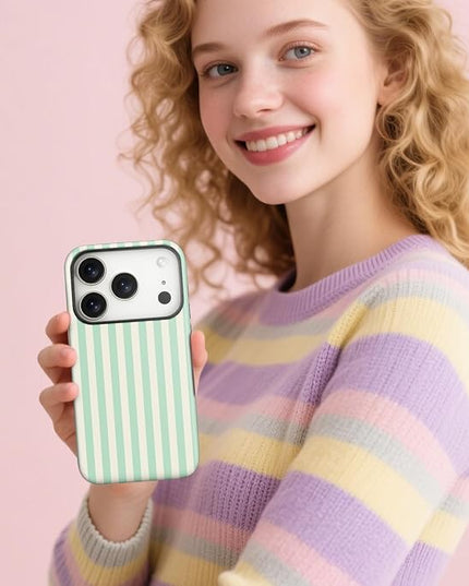 Magnetic for iPhone 17 Pro Max Case Cute Stripes Phone Case, Shockproof Slim TPU and Hard PC Protective Phone Cover Compatible with MagSafe Designed for Women Girls, Light Green