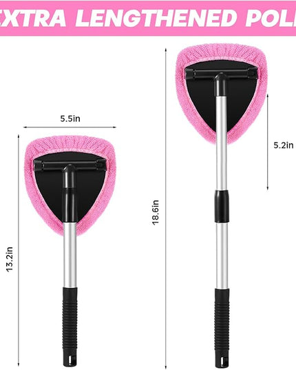 Baderke 10 Pcs Windshield Cleaner Tool Car Window Cleaning Supplies with Extendable Handle Include 6 Washable Microfiber Bonnets 2 Empty 60ml Spray Bottle Glass Wiper Kit(Pink)