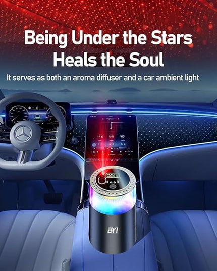 Smart Car Air Freshener with RGB Ambient Light, Galaxy Cloud Mist, Auto On/Off, Built-in Battery, Car Aroma Diffuser, Home, Office (4 Essential Oil Box), Long-Lasting Scent & Relaxing Light