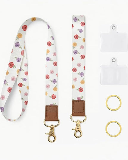 Cell Phone Lanyard with Wrist Strap, Rose Floral Neck Lanyard for Phones, ID Badge, Wallet and Keychain – Universal Set