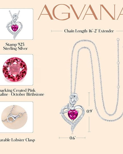 AGVANA Christmas Gifts Rosy Reverie Birthstone Necklace for Women Sterling Silver Genuine or Created Gemstone Rose Flower Heart Pendant Necklace Anniversary Birthday Gifts for Women Mom Wife Her