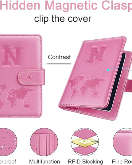 Passport Holder Cover Initail Letter A-Z Travel Wallet Embossed Design RFID Blocking Card Holder Personalized Gift Passport Cover Wallet, Passport Book Holders for Women and Girls, Pink-N