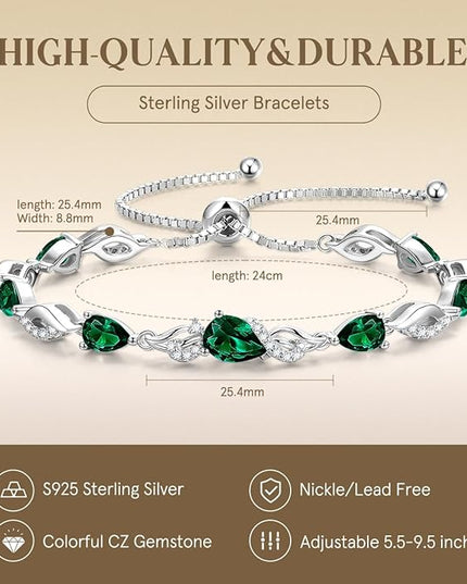FANCIME Birthstone Teardrop Tennis Bracelet for Women, Sterling Silver 9x7mm main Gemstone Bolo Adjustable Chain Bracelet Fine Jewelry Birthday Gifts for Women Mom Wife Her