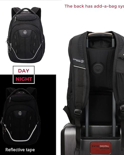 Swissdigital Design Large Travel Backpack For Men, TSA-Friendly Business Laptop Backpack, USB Charging Port，RFID Protection Tech Backpack Fits 15.6Inch Laptop Black/Grey | J16BTF-02