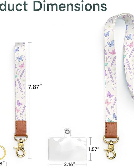 Cell Phone Lanyard with Wrist Strap, Floral Butterfly Neck Lanyard for Phones, Wallet, ID Badge and Car Keys – Universal Set