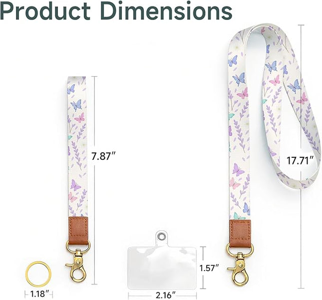 Cell Phone Lanyard with Wrist Strap, Floral Butterfly Neck Lanyard for Phones, Wallet, ID Badge and Car Keys – Universal Set