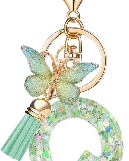 Fashion Alphabet Initial Letter Keychain Tassel Butterfly Pendant Key Ring for Purse Handbags Women Girl