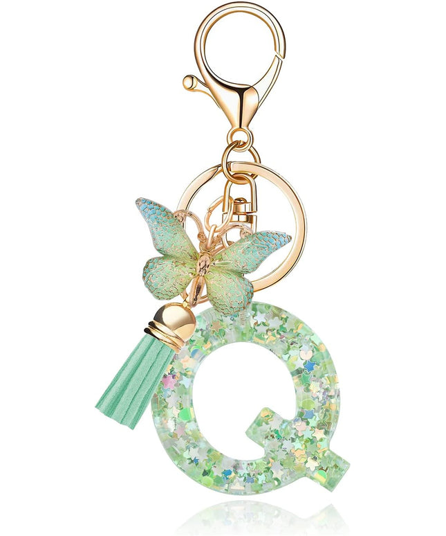 Fashion Alphabet Initial Letter Keychain Tassel Butterfly Pendant Key Ring for Purse Handbags Women Girl
