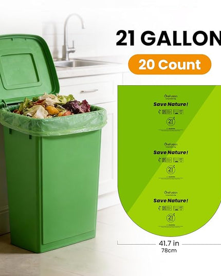 GreFusion Compostable Trash Bags 21 gallon,20 Count,Extra Thick 1.28 Mills,Fits13-25 gallon trash can, Extra Strong and thick,Compostable Lawn & Leaf Yard Waste bags,ASTM D6400,Bpi Certified