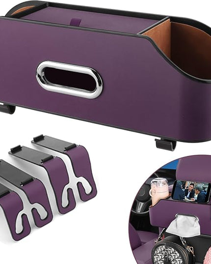 Car Seat Back Organizer - Stylish & Functional Storage for Family Adventures - Cup Holders, Tissue Box & Hooks - Perfect for Kids, Road Trips & Travel (Purple)