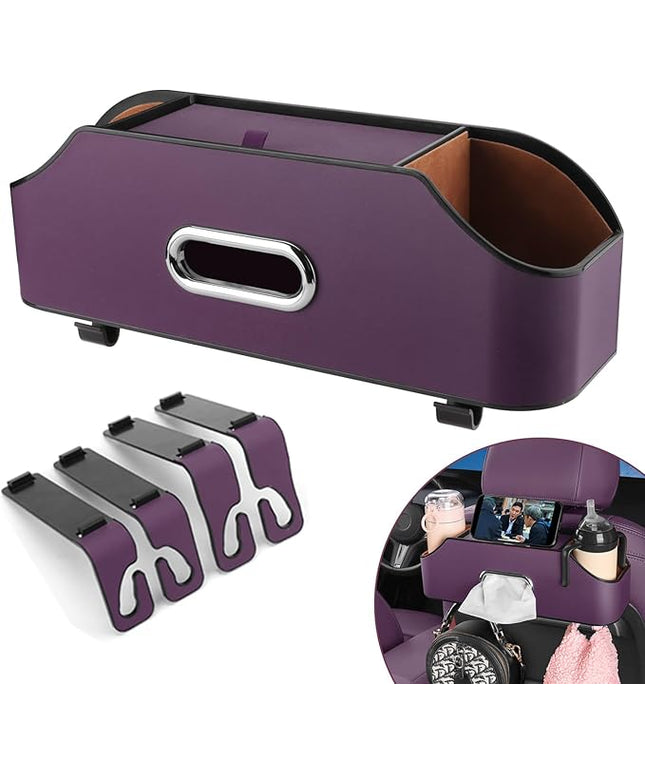 Car Seat Back Organizer - Stylish & Functional Storage for Family Adventures - Cup Holders, Tissue Box & Hooks - Perfect for Kids, Road Trips & Travel (Purple)