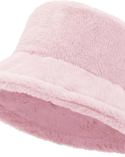 Women Plush Fluffy Bucket Hat Warm Lining Winter Faux Fur Cozy Wide Brim Winter