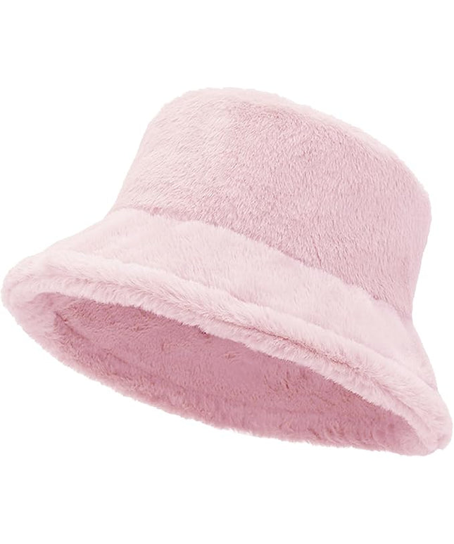 Women Plush Fluffy Bucket Hat Warm Lining Winter Faux Fur Cozy Wide Brim Winter