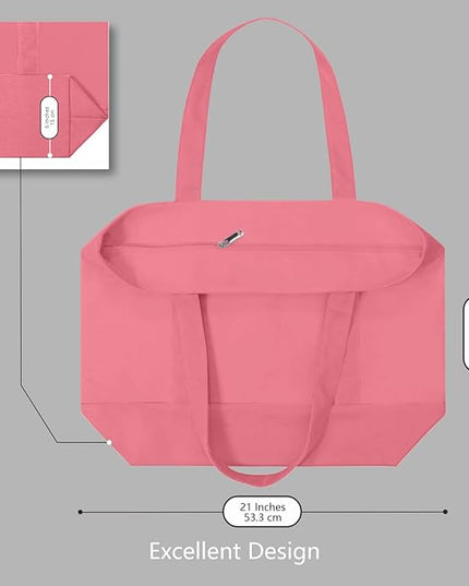 TOPDesign 1-Pack Canvas Tote Bag with an External Pocket, Reusable Grocery Shopping Bag, Top Zipper Closure, Daily Essentials (Rose Pink)