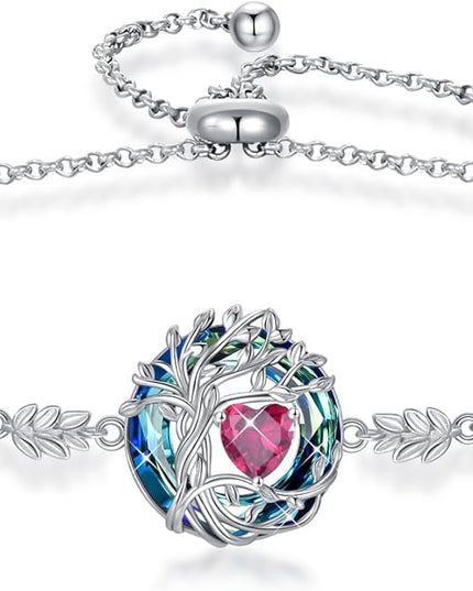 TOUPOP Tree of Life Birthstone Bracelet 925 Sterling Silver Family Tree Austrian Crystal Jewelry Anniversary Birthday Christmas Gifts for Women Wife Girlfriend Her