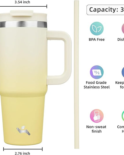 30 oz Tumbler with Handle and 2 Straws,2 in 1 Lid Insulated Water Bottle Stainless Steel Travel Coffee Mug,Lemon