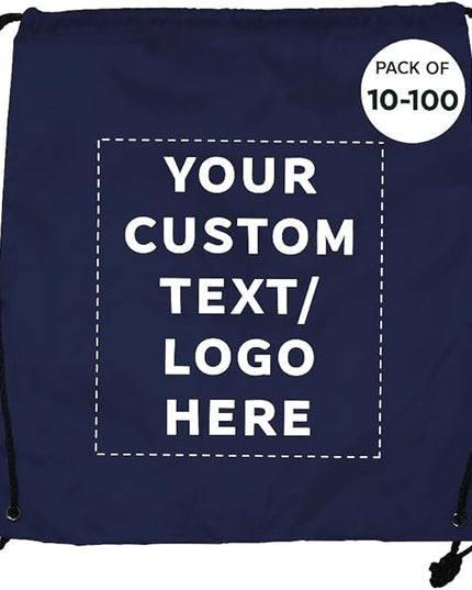DISCOUNT PROMOS Custom Classic Polyester Drawstring Bagpack Set of 10/50/100, Personalized Bulk Pack - Great for Travelling, Gym and for Everyday Use - Navy Blue