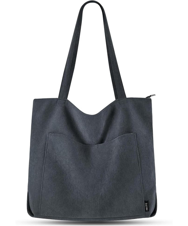 Prite Corduroy Tote Bag for Women Large Shoulder Bag with Zipper and Pockets for College Work Travel Shopping
