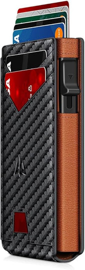 Ruiici Wallet for Men, Slim Minimalist Wallet with Money Clip＆ID Window, RFID Blocking Pop-Up Credit Card Holder, Smart Auminum Mens Wallet Holds 9-13 Cards (Gift Box) (Carbon Fiber & Orange)