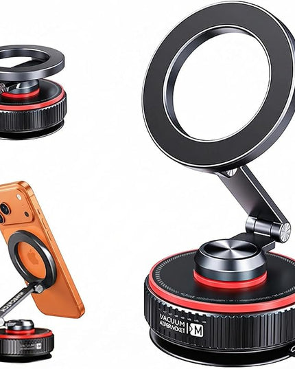 Magnetic Car Phone Mount, 120+ LB Vacuum Suction & 3000gf Magnetic Force, 360° Triple-Axis Adjustable Car Holder for iPhone & All Phones, Twist-Lock Suction Cup, Quick-Release – Black