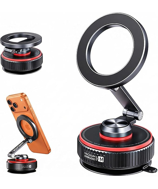 Magnetic Car Phone Mount, 120+ LB Vacuum Suction & 3000gf Magnetic Force, 360° Triple-Axis Adjustable Car Holder for iPhone & All Phones, Twist-Lock Suction Cup, Quick-Release – Black