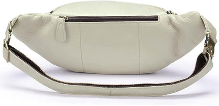 Genuine Leather Fanny Pack large capacity Crossbody Waist Bag with Zipper phone Pockets white
