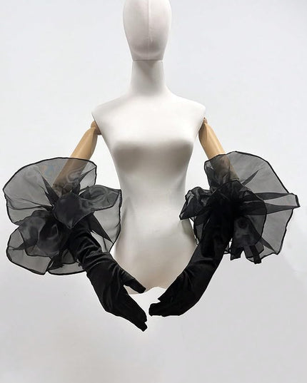 SHENHE Women's Long Gloves Oversized Tulle Mesh Ruffle Trim Party Prom Wedding Opera Gloves