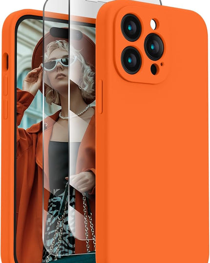 FireNova Designed for iPhone 14 Pro Max Case, Silicone Upgraded [Camera Protection] Case with [2 Screen Protectors], Soft Anti-Scratch Microfiber Lining Inside, 6.7 inch, Neon Orange