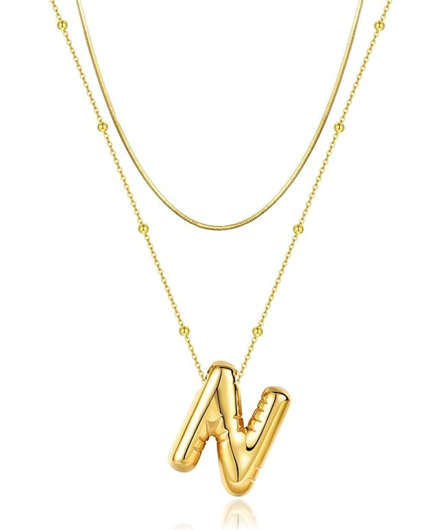 LUCA SMITH Initial Necklaces for Women, Dainty Balloon Bubble Letter, Name Letter Alphabet Pendant Layered Choker Chain Jewelry Gift