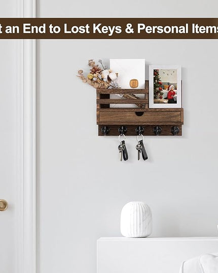 Lucundm Key Holder Wall Mount, Mail Holder with Storage Drawer and 5 Key Hooks for Coat, Dog Leash, Home Decor Rack, House Accessories, Entry Way Organizer