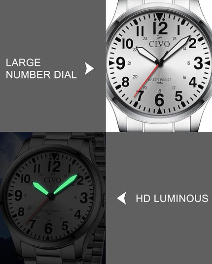 CIVO Analog Wrist Watches for Men: Waterproof Stainless Steel Mens Watches - Silver Watch with Easy Read Dial Men's Watch for Gift