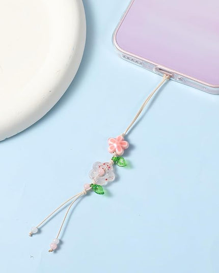 2 Pcs Flower Cute Phone Charm, Phone Chains Straps with Pink Ceramic Star Kawaii Phones Accessories Leaf Floral Wrist Lanyard Bracelet for Keys Bags Camera Pendants Decor