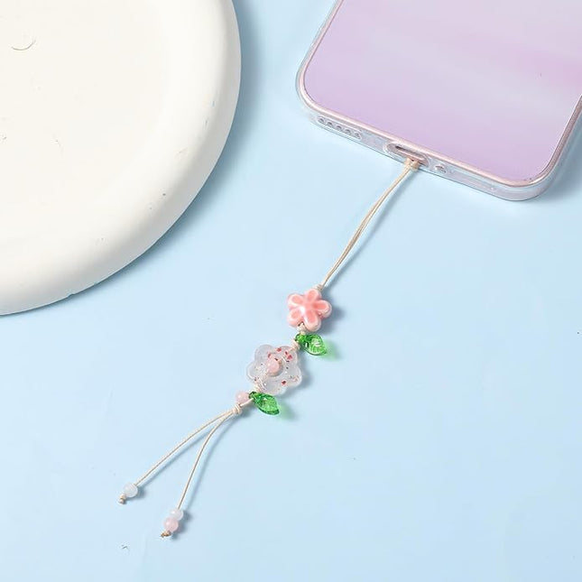 2 Pcs Flower Cute Phone Charm, Phone Chains Straps with Pink Ceramic Star Kawaii Phones Accessories Leaf Floral Wrist Lanyard Bracelet for Keys Bags Camera Pendants Decor