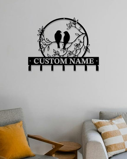 Personalized Custom Name Birds of Trees Wall Key Hooks,Metal Birds of Trees Art Clothes Hooks,Metal Birds of Trees Wall Home Storage Decorative,For Front Door, Hallway, Kitchen, Bedroom (Style F)