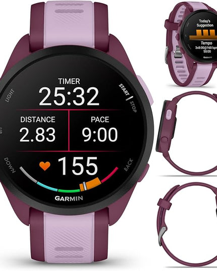 Wearable4U Garmin Forerunner 165 Music Running Smartwatch, Colorful AMOLED Touchscreen, Training Metrics and Recovery Insights Includes PowerPack +Adapters Bundle, Berry/Lilac