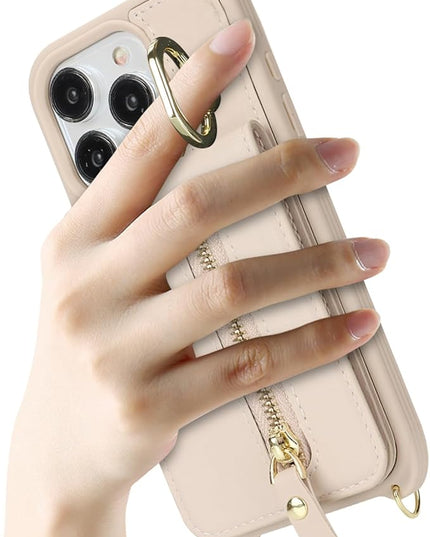 for iPhone 15 Pro Wallet Case with Card Holder, for iPhone 15 Pro Case Wallet with Strap Credit Card Slot, Crossbody Bag with Zipper Case for iPhone15 Pro - Warm White