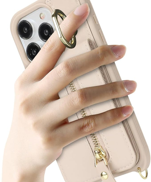 for iPhone 15 Pro Wallet Case with Card Holder, for iPhone 15 Pro Case Wallet with Strap Credit Card Slot, Crossbody Bag with Zipper Case for iPhone15 Pro - Warm White