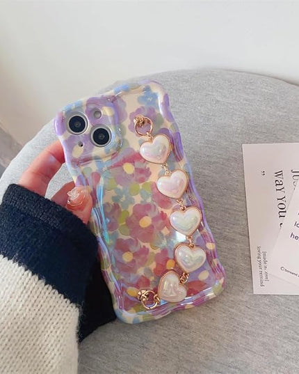 for iPhone 14 Pro Case, [Sparkling Purple Flower Oil Painting] [with Luxury Heart Bracelet] [Fashionable Wave Edge Shape] Soft TPU Drop and Shock Resistant for Women and Girls 6.1"