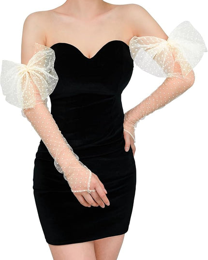 Long Fingerless Lace Gloves with Bow Polka Dot Wedding Bridal Mesh Sheer Gloves Long Opera Party Accessories