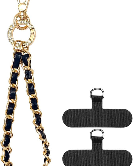 Phone Wrist Strap with Metal Chain Phone Lanyard Wrist with 2 Tether Tabs Metal Leather Cellphone Charm Phone Chain