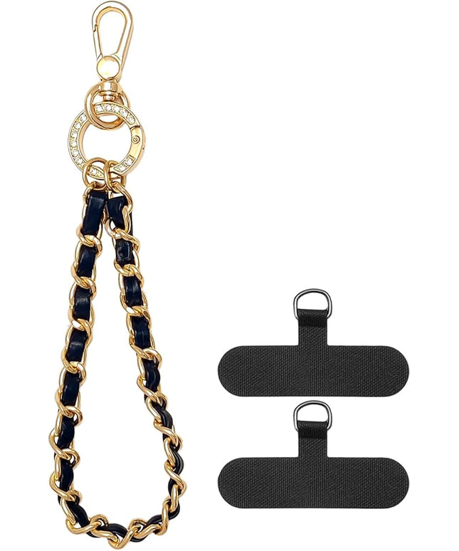 Phone Wrist Strap with Metal Chain Phone Lanyard Wrist with 2 Tether Tabs Metal Leather Cellphone Charm Phone Chain