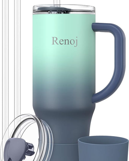 Renoj Tumbler with Handle 100% Spill Resistant Insulated Water Bottle for Iced Coffee & Hot Drinks - Fits Car Cup Holder, Ideal Gift, 2 Straws & Silicone Boot BPA-Free - FlexSlide Blue Gradient 40 oz