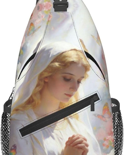 Our Lady of Guadalupe Sling Bag Crossbody Bags Clovers Chest Bag for Travel Hiking for Men Women White Mary 3