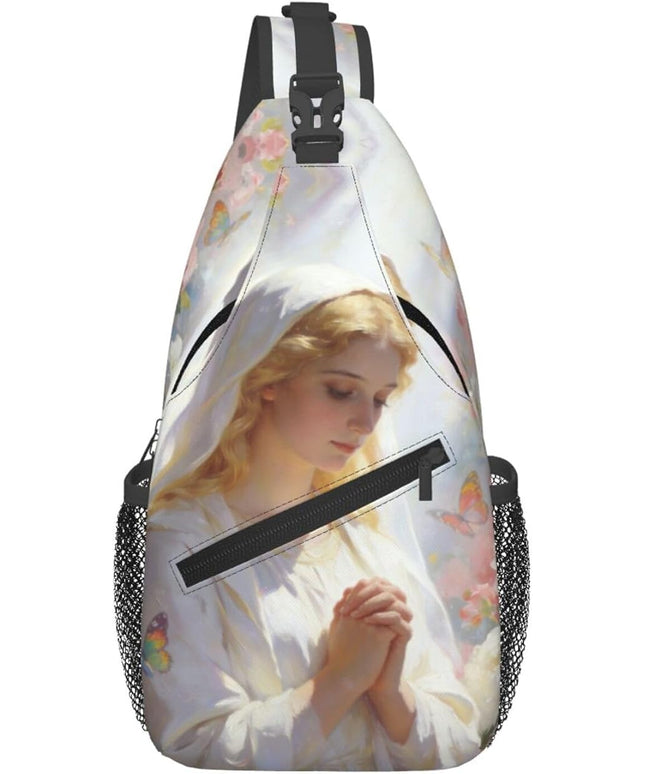 Our Lady of Guadalupe Sling Bag Crossbody Bags Clovers Chest Bag for Travel Hiking for Men Women White Mary 3