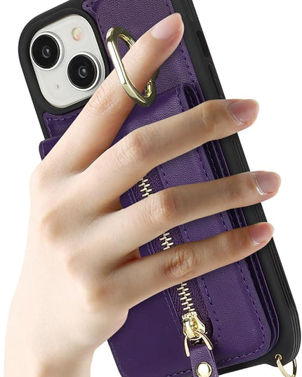 for iPhone 15 Wallet Case with Card Holder, for iPhone 15 Case Wallet with Strap Credit Card Slot, Crossbody Bag with Zipper Case for iPhone15 - Purple