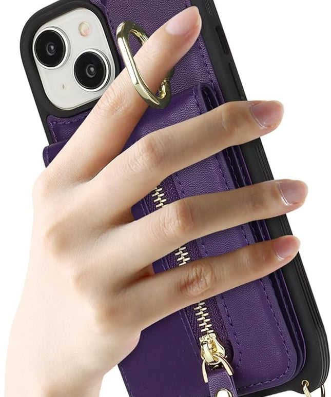 for iPhone 15 Wallet Case with Card Holder, for iPhone 15 Case Wallet with Strap Credit Card Slot, Crossbody Bag with Zipper Case for iPhone15 - Purple